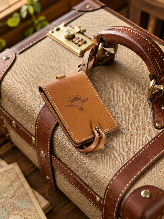 Porte étiquette bagage artisanal cuir pleine fleur fabriqué en France.